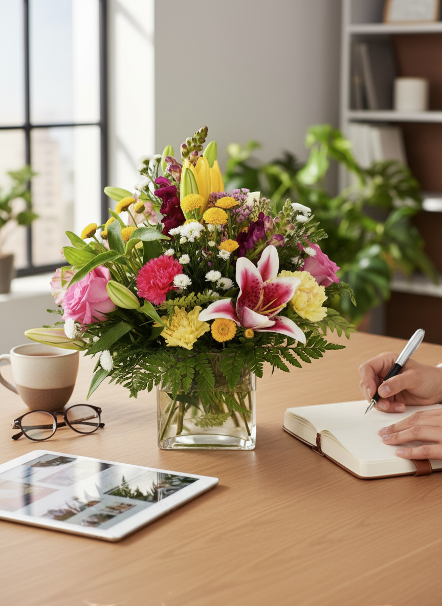 Lakewood Florist Pink Sunshine arrangement: pink lilies, yellow blooms, roses, carnations, and greenery in a clear vase.