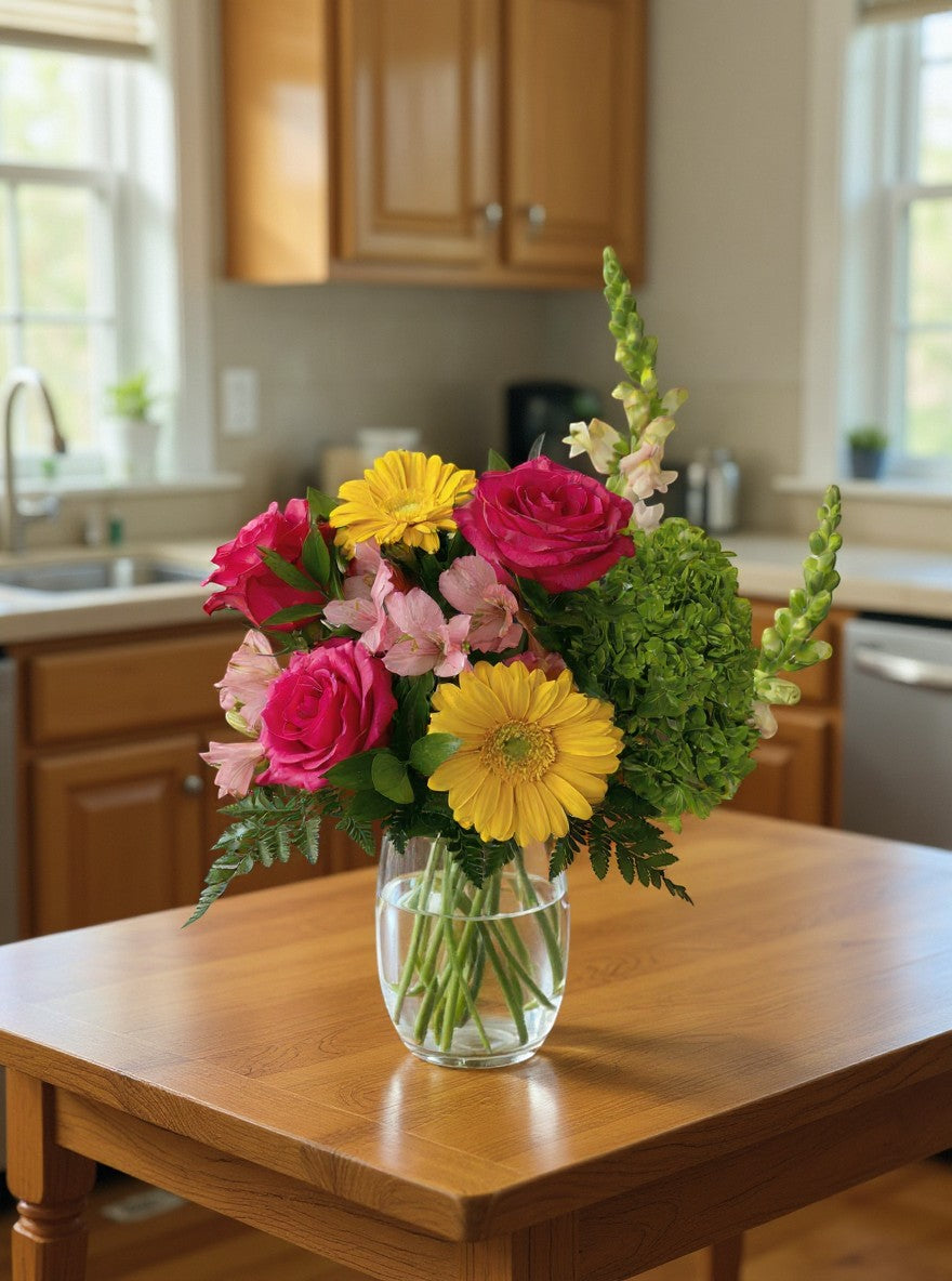 Lakewood Florist vibrant floral arrangement with pink roses, yellow gerberas, alstroemeria, and green hydrangeas in a glass vase.