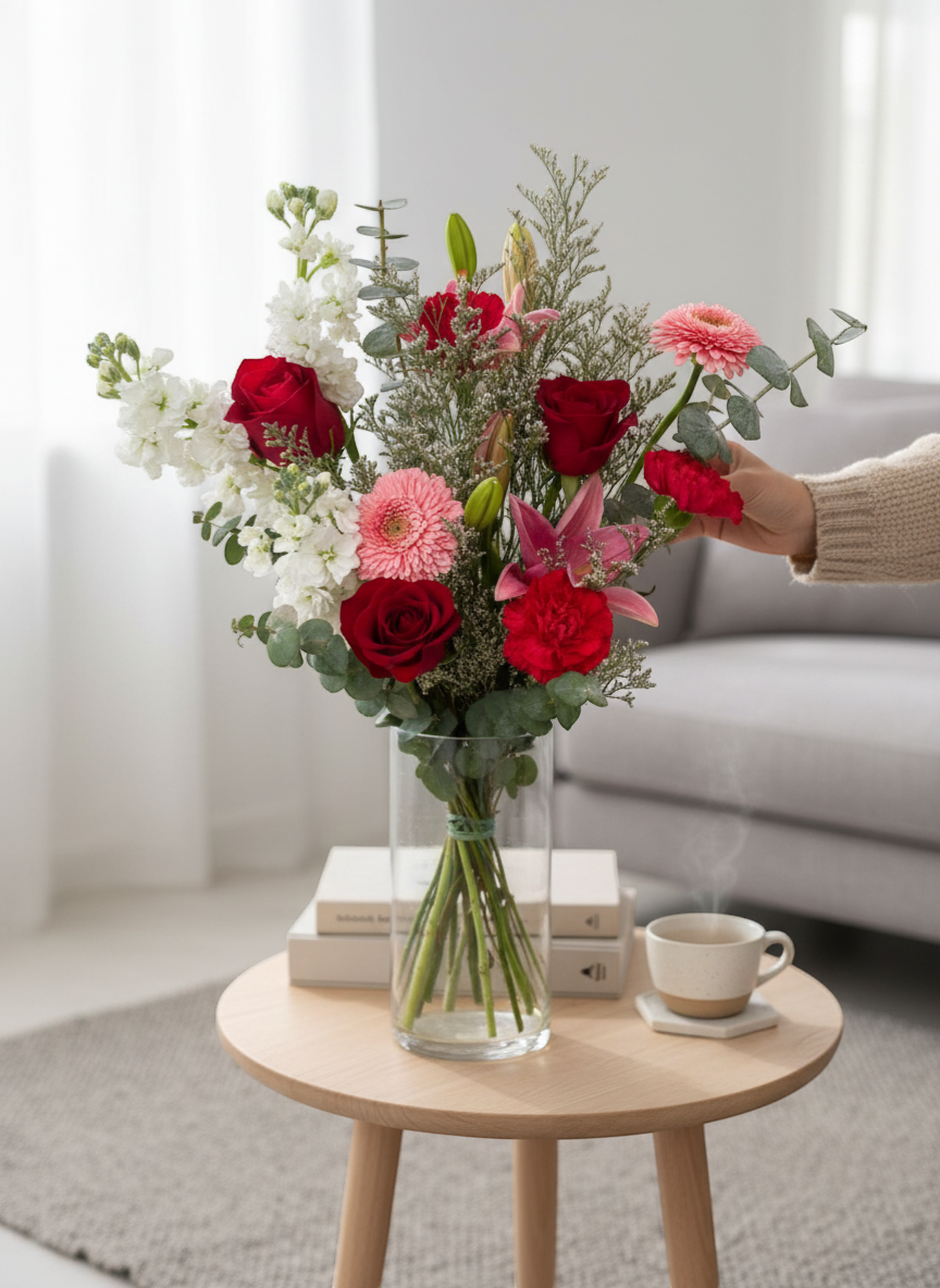 Lakewood Florist's Forever Yours bouquet features red roses, pink lilies, white stock flowers, and pink gerbera daisies, wrapped in pink paper with gold trim and ribbon.