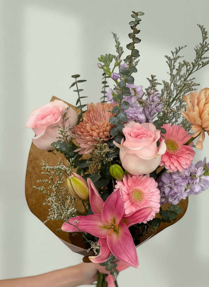 Lakewood Florist Rosy Glow Bouquet: pink lilies, roses, gerbera daisies, and chrysanthemums with greenery.