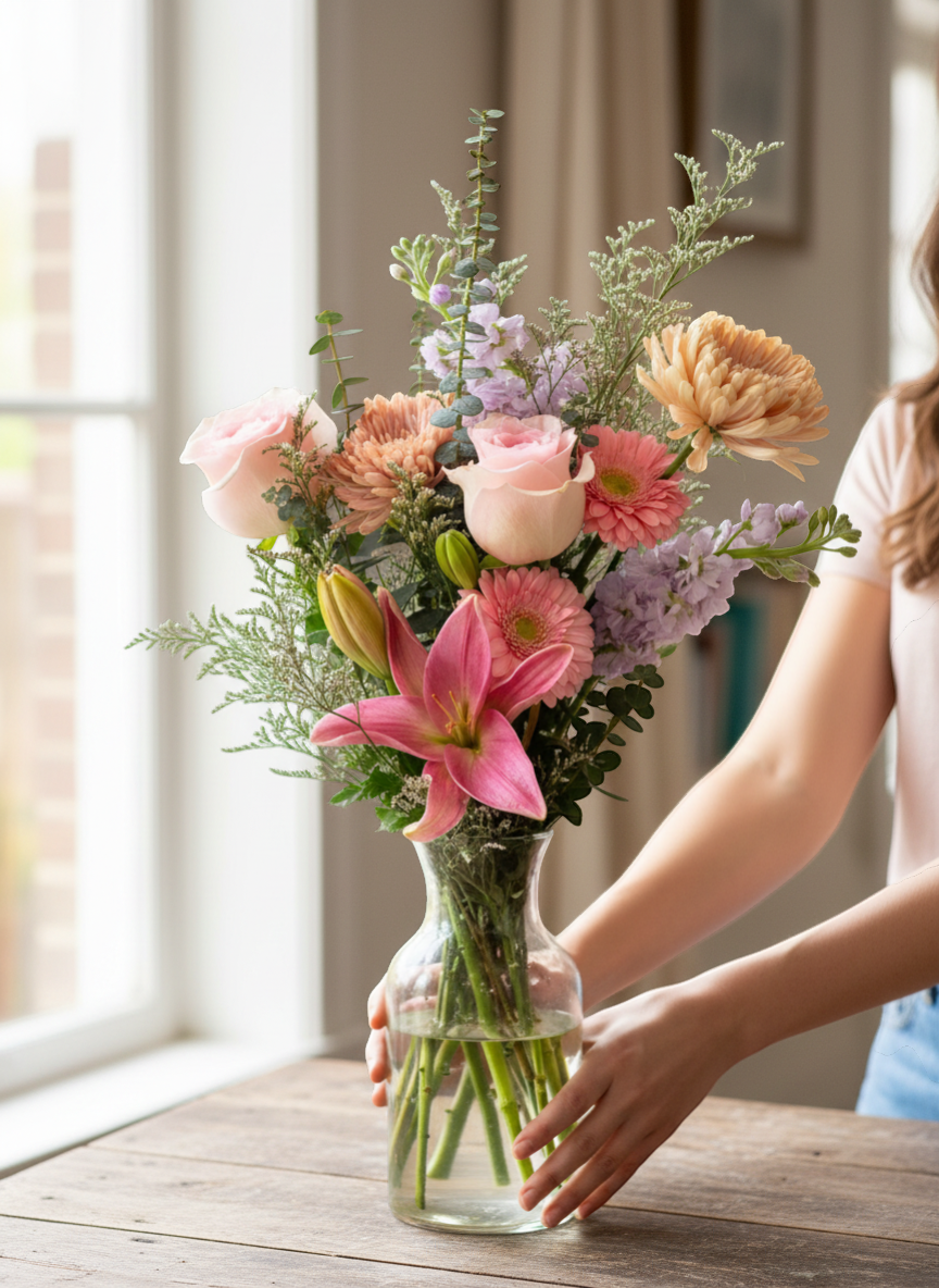 Lakewood Florist Rosy Glow Bouquet: pink lilies, roses, gerbera daisies, and chrysanthemums with greenery.