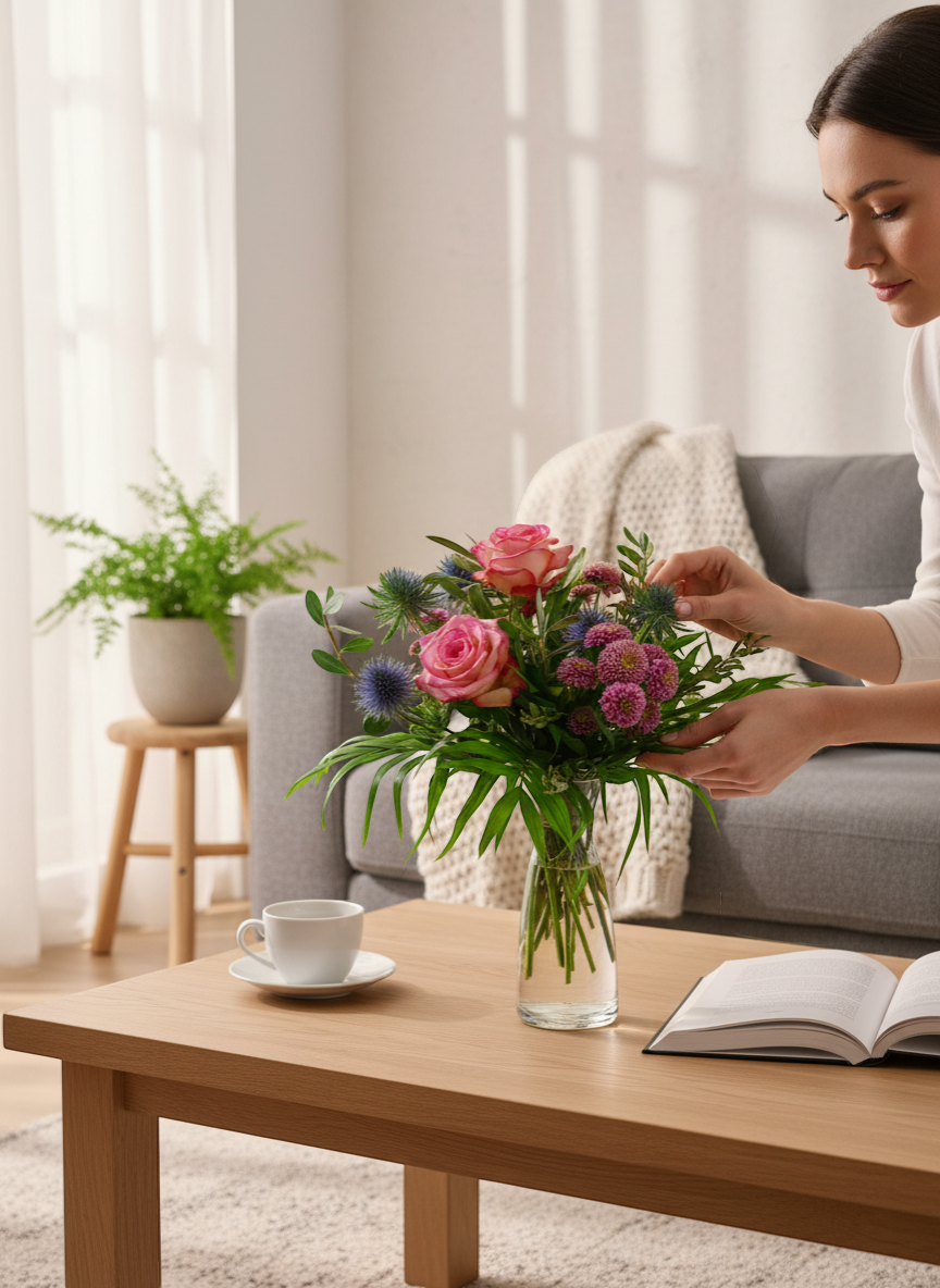 Lakewood Florist Rosy Radiance petite bouquet with pink roses, purple thistle, and pink mums in a glass vase.