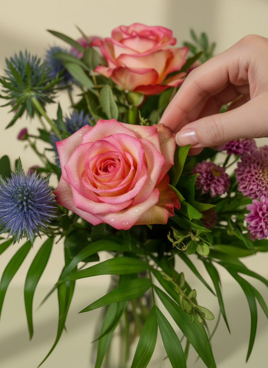 Lakewood Florist Rosy Radiance bouquet: pink roses, purple thistles, pink mums, and greenery in a clear vase.