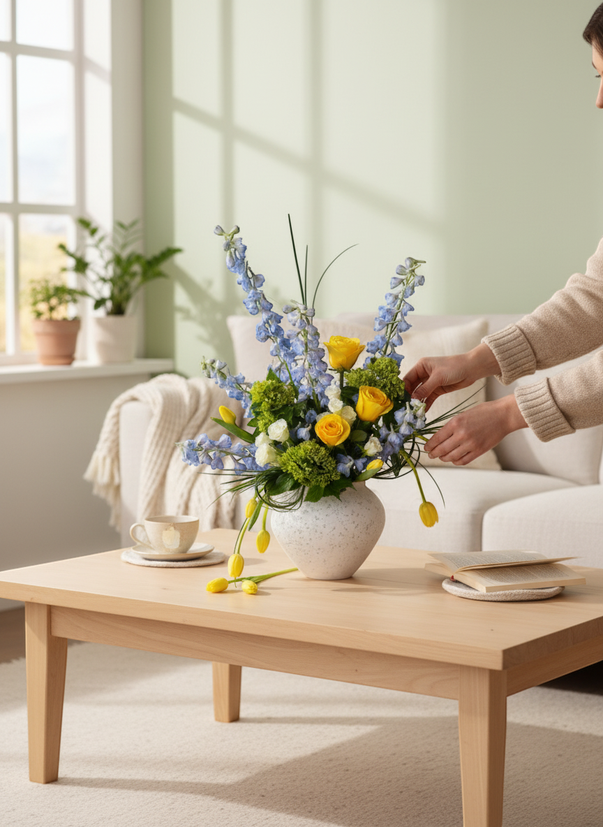 Lakewood Florist Spring Whisper arrangement: blue delphiniums, yellow roses, white roses, green hydrangeas, yellow tulips in a speckled vase.