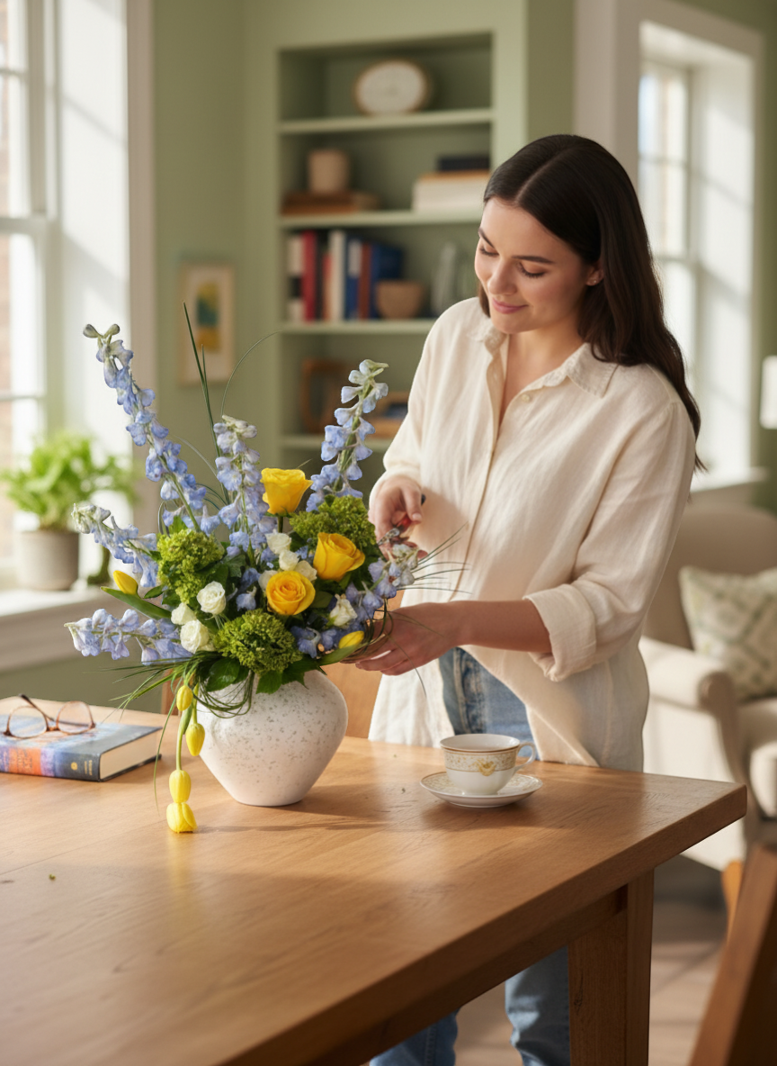 Lakewood Florist Spring Whisper floral arrangement with blue delphiniums, yellow roses, white roses, green hydrangeas, and yellow tulips in a speckled vase.