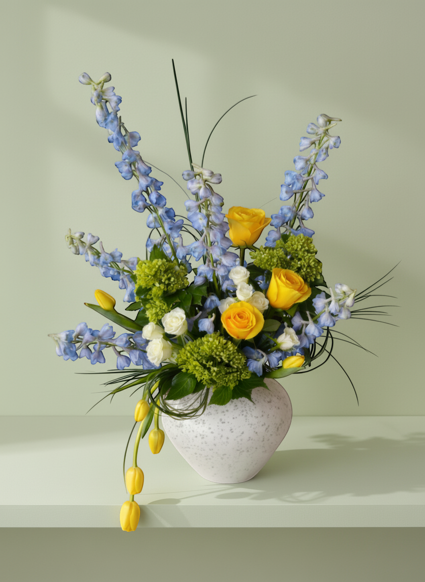 Lakewood Florist Spring Whisper arrangement: blue delphiniums, yellow roses, white roses, green hydrangeas, yellow tulips in a speckled vase.