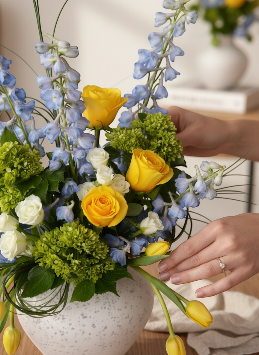 Lakewood Florist Spring Whisper arrangement: blue delphiniums, yellow roses, white roses, green hydrangeas, yellow tulips in a speckled vase.