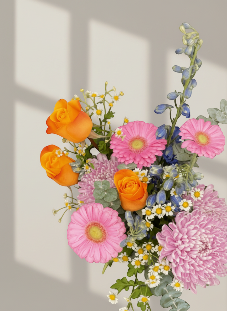 Lakewood Florist hand-tied bouquet with orange roses, pink gerberas, chrysanthemums, blue delphiniums, and eucalyptus.