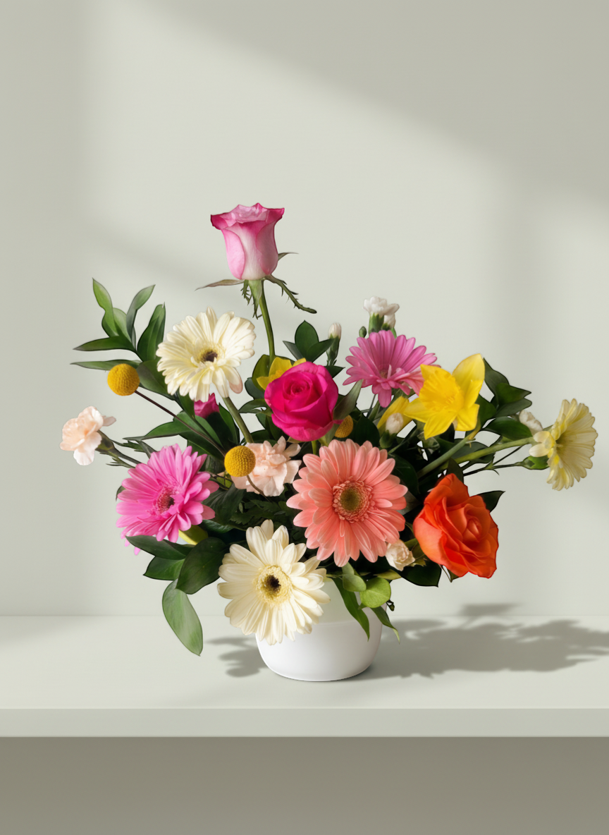 Lakewood Florist Sunny Days arrangement: pink, orange, yellow roses, gerberas, carnations, and greenery in a white vase.