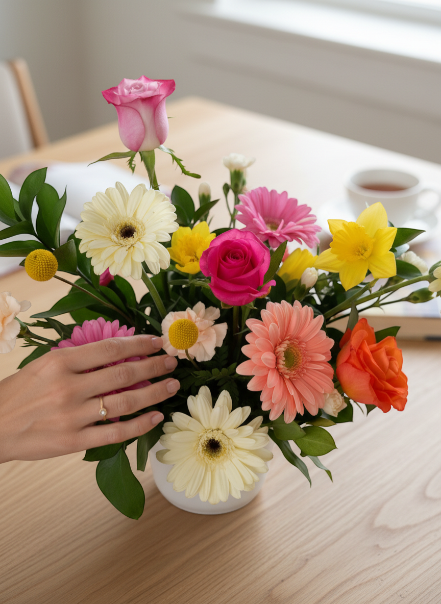 Lakewood Florist Sunny Days arrangement: pink roses, orange roses, pink, coral, yellow, and white gerberas, and greenery in a white vase.