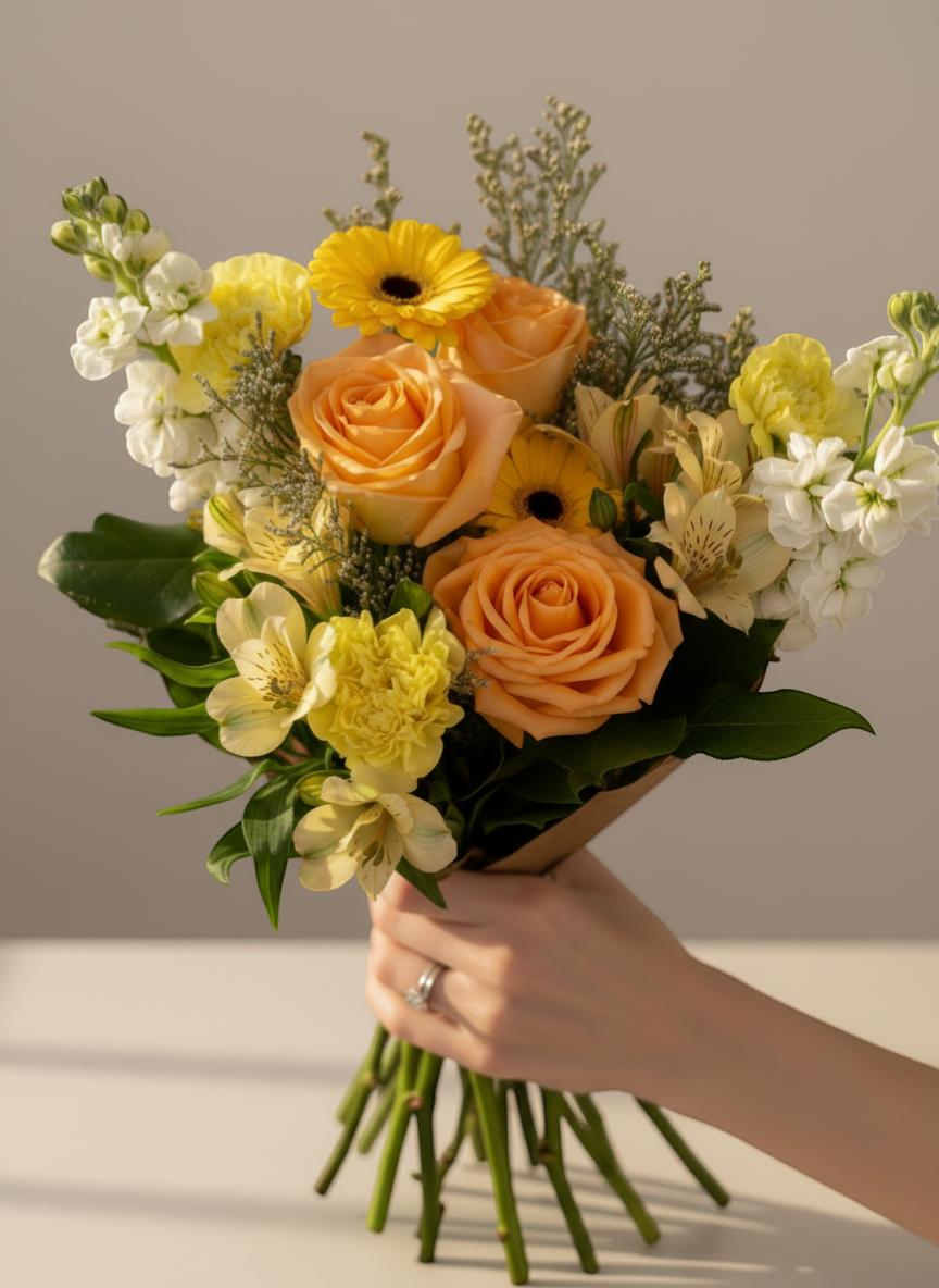 Lakewood Florist Sunny Romance Bouquet: Peach roses, yellow gerberas, alstroemeria, and white stock flowers arranged with greenery.