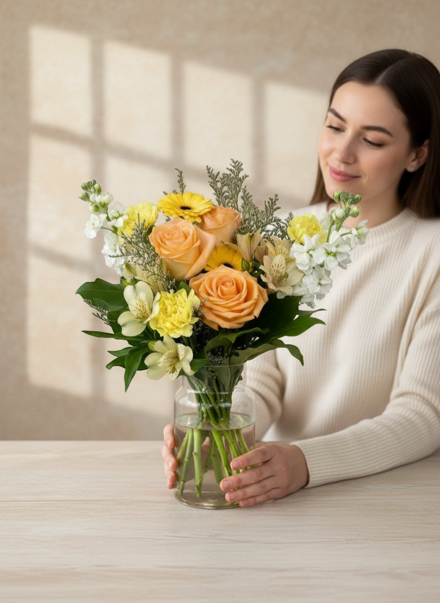 Lakewood Florist Sunny Romance Bouquet: Peach roses, yellow gerberas, carnations, alstroemeria, and white stock flowers.
