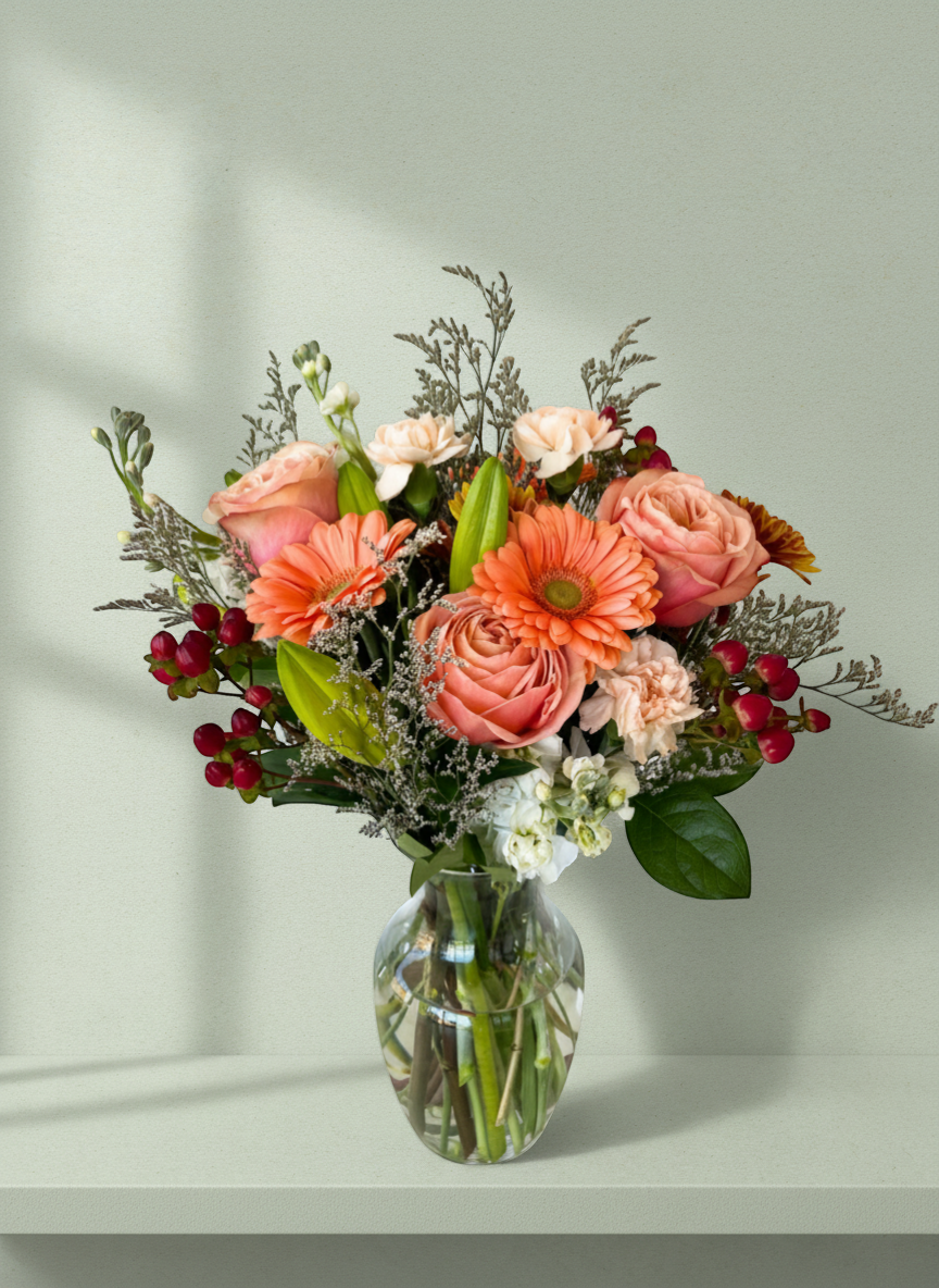 Lakewood Florist vibrant bouquet of pink roses, orange gerbera daisies, and red berries in a glass vase.