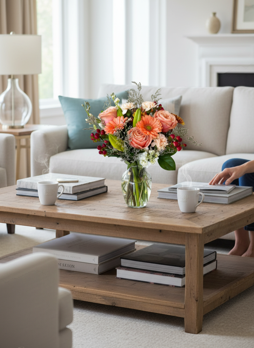 Lakewood Florist vibrant bouquet with pink roses, orange gerbera daisies, and red berries in a glass vase.