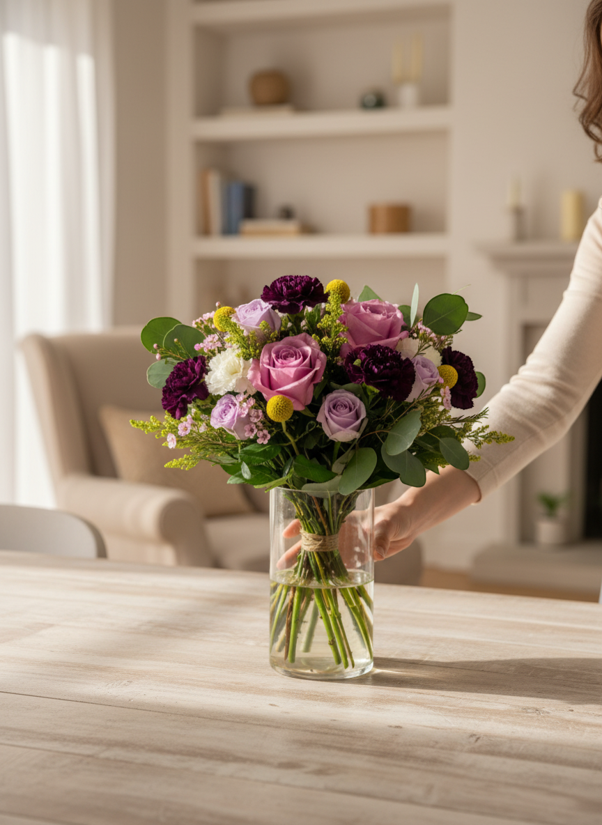 Lakewood Florist Violet Story Bouquet with purple roses, lavender, and pink flowers, accented with yellow craspedia and greenery.