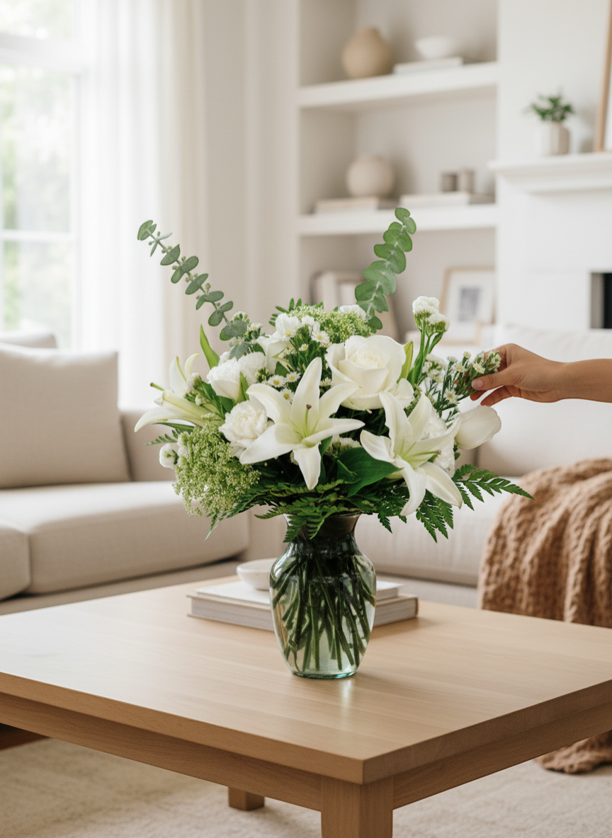 Lakewood Florist Pure White Comfort arrangement: white lilies, roses, carnations, and greenery in a clear vase.
