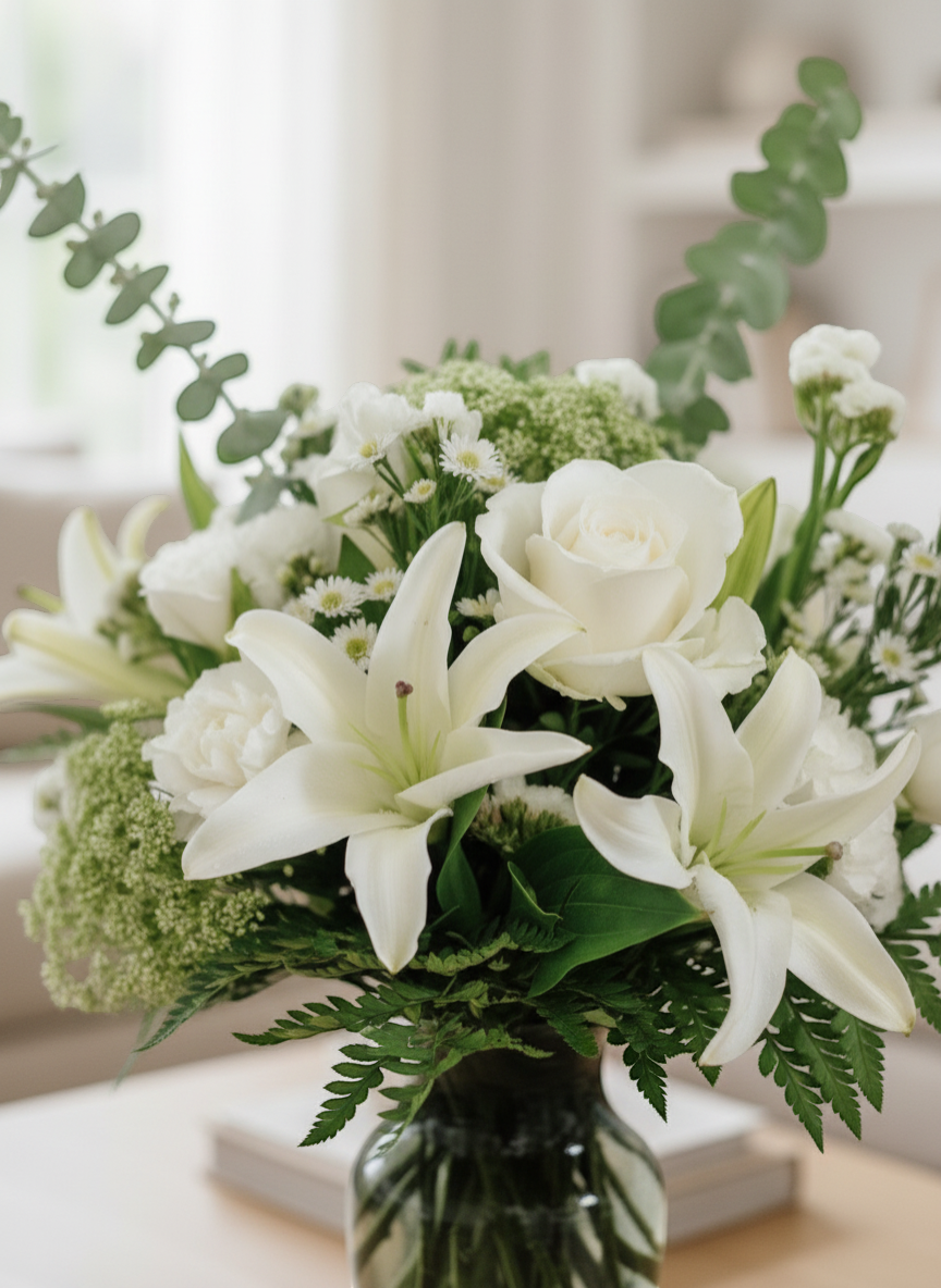 Lakewood Florist Pure White Comfort arrangement with lilies, roses, and eucalyptus in a glass vase.
