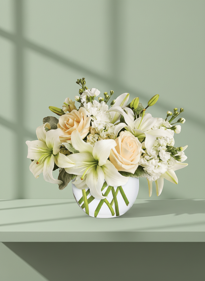 Lakewood Florist white lilies and peach roses in a low rose bowl, sympathy arrangement.