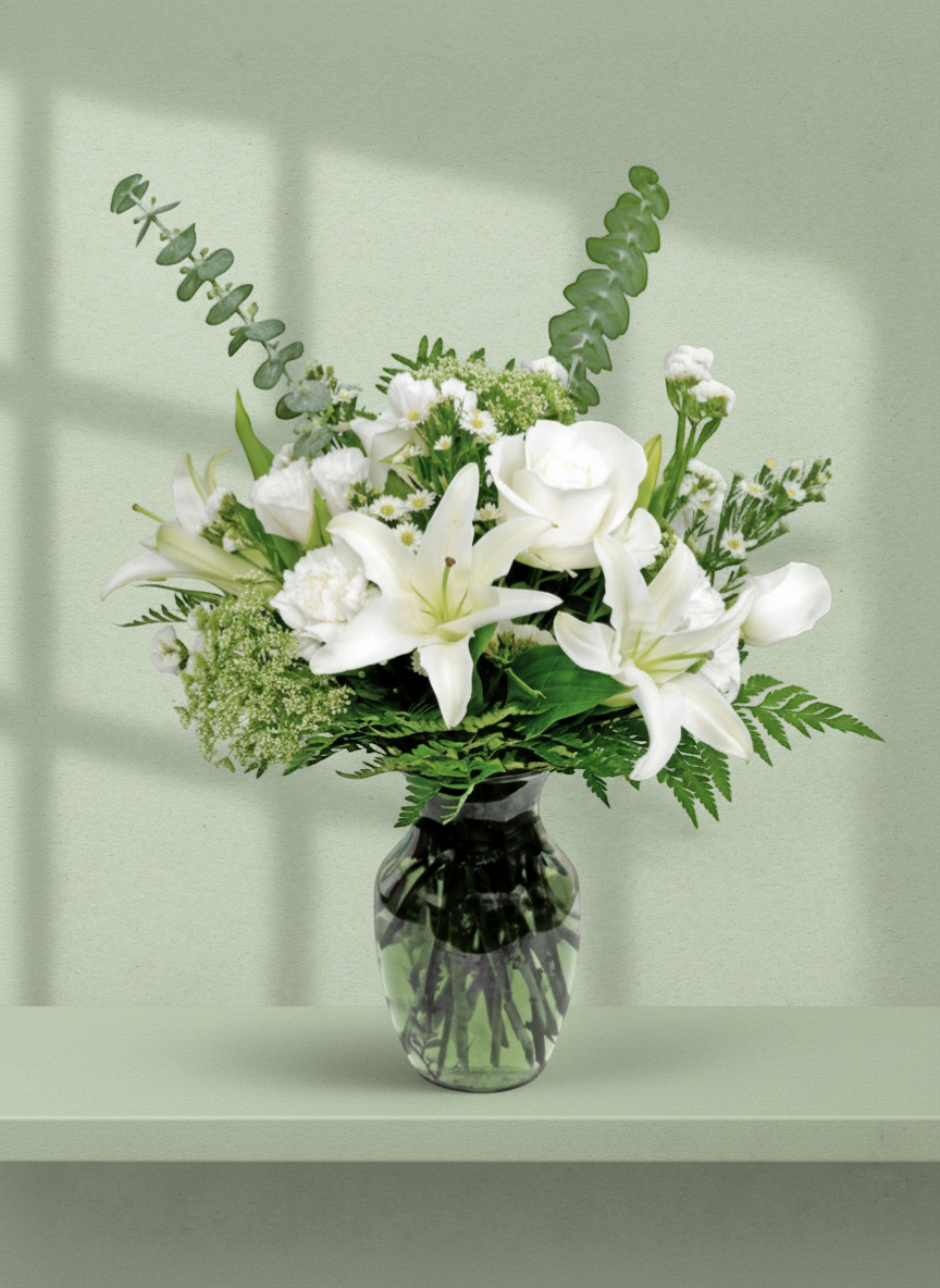 Lakewood Florist white lily and rose arrangement in a green vase. A symbol of peace and purity.
