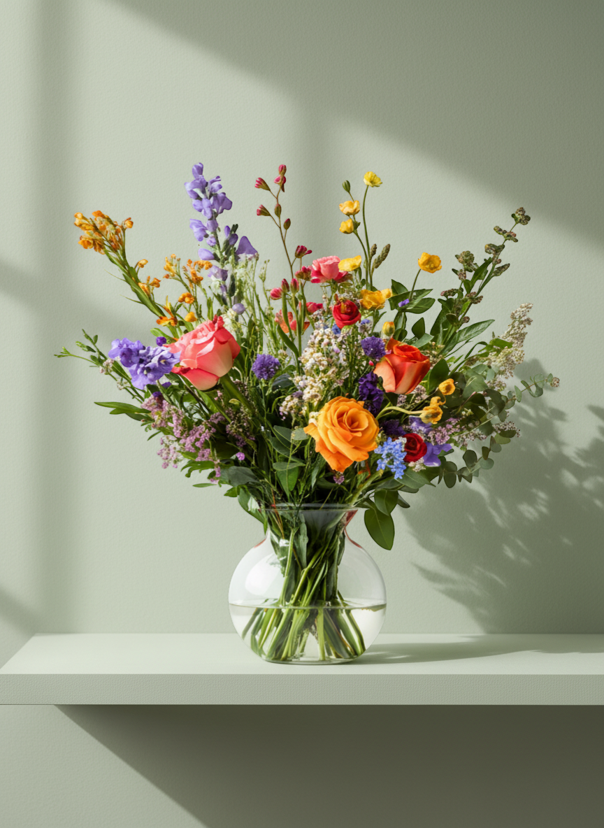 Lakewood Florist vibrant wildflower arrangement with pink, orange, yellow, and purple blooms in a clear glass vase.