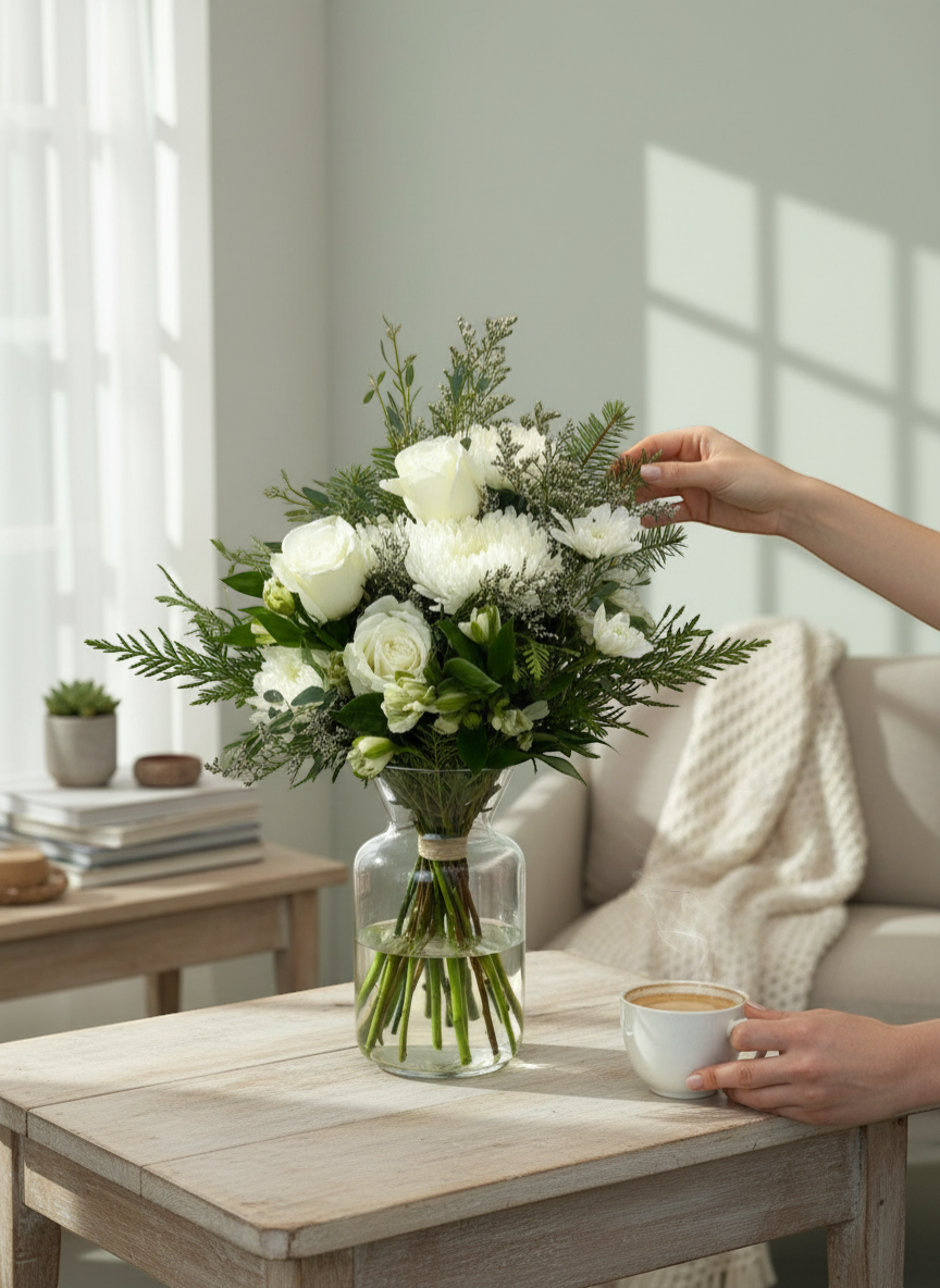 Lakewood Florist Winter Whites Bouquet: white roses, chrysanthemums, and winter greens in a brown paper wrap.