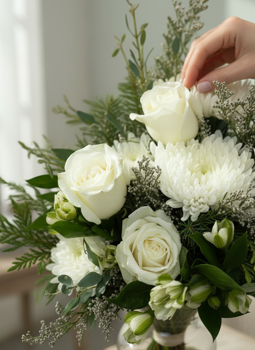 Lakewood Florist Winter Whites Bouquet: white roses, chrysanthemums, and winter greens in a glass vase.
